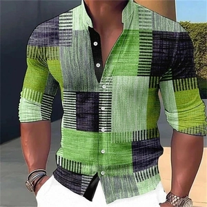 Men's slim fit casual long sleeve shirt with 3D green and grey geometric mosaic design