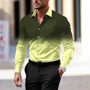 Detail of slim fit men's long sleeve shirt with olive green and yellow gradient digital print