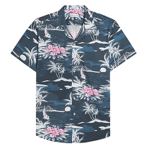 Detail view of tropical short sleeve shirt with pink floral and coconut tree prints