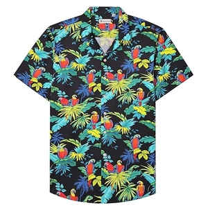Flat lay of a men's slim fit beach shirt with vibrant parrot and tropical palm patterns