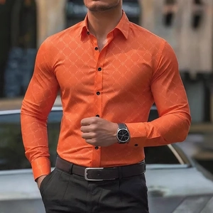 Chemise homme coupe ajustée orange vif à manches longues et imprimé géométrique 3D