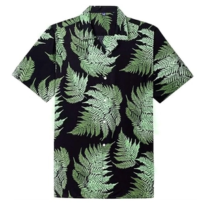 Detail of tropical green fern leaves print on black Hawaiian shirt with white buttons