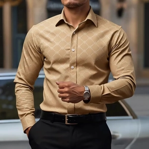Chemise homme kaki à manches longues avec imprimé géométrique 3D et coupe ajustée moderne
