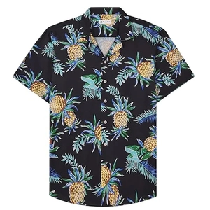Detailed view of Cuban collar and tropical pineapple print on short sleeve shirt