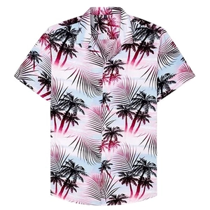 Detail of tropical palm leaf print on short sleeve slim fit summer beach shirt