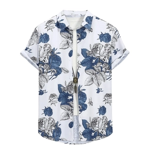 Detail of floral print pattern and fabric texture on white short sleeve button shirt