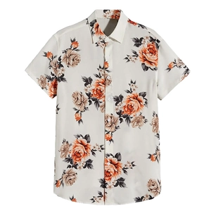 Detailed close-up of men's ivory floral shirt with orange roses and short sleeves