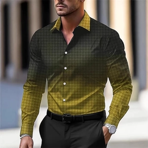 Men's Gradient Houndstooth Print Long Sleeve Shirt Casual Lapel Collar Slim Fit Digital Printing Fashion Urban Male Tops