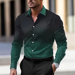 Men's fashion long sleeve gradient shirt with black to green ombre houndstooth pattern