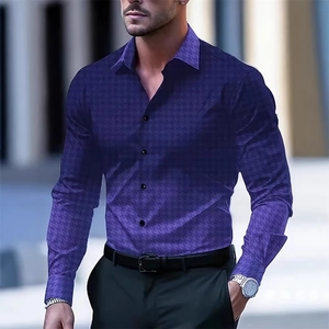 Detail of slim fit purple men's shirt showing hounds tooth texture and black button front