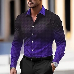 Detail of gradient purple and black houndstooth fabric on men's slim fit long sleeve shirt
