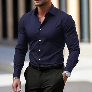 Slim fit navy blue long sleeve button-up shirt for men with classic business style