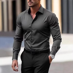 Detailed view of dark charcoal slim-fit long sleeve shirt fabric texture and business style