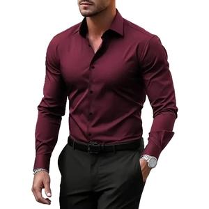 Men's slim fit long sleeve shirt in deep burgundy with polished finish and button-down collar