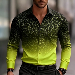 Detail of slim fit long sleeve shirt with black to green gradient and geometric patterns