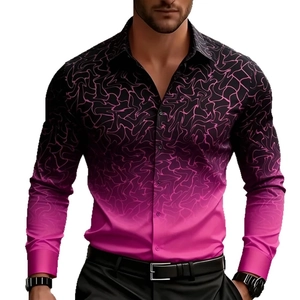 Men's slim long-sleeve shirt with purple to pink gradient and 3D geometric patterns