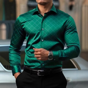 Men's emerald green slim fit long sleeve shirt with geometric 3D digital patterns