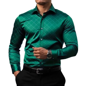 Mens slim fit emerald green satin shirt with 3D geometric jacquard pattern and long sleeves