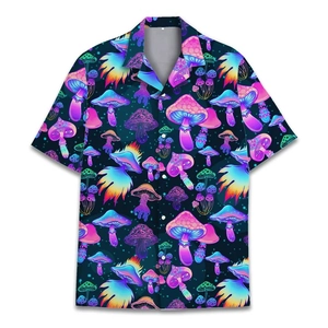 Camicia da uomo a manica corta con stampa psichedelica di funghi neon su sfondo scuro