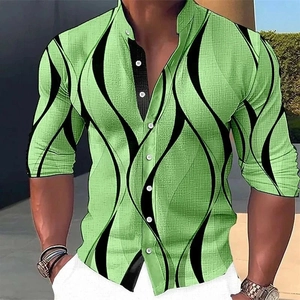 Camicia vintage da uomo con colletto alla coreana verde e motivi a onde nere da esterno