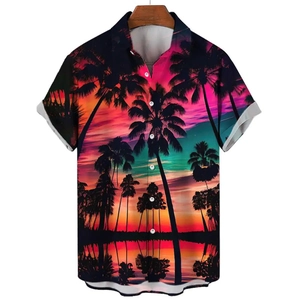 Detailed close-up of tropical sunset palm tree print on casual short sleeve beach shirt