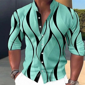 Camicia casual da uomo turchese con strisce verticali ondulate nere e collo alla coreana