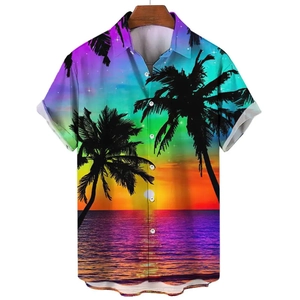 Detail of tropical sunset beach print and fabric texture on men's short sleeve shirt
