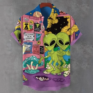 Détail de l'imprimé 3D extraterrestre et champignon sur chemise d'été slim de plage
