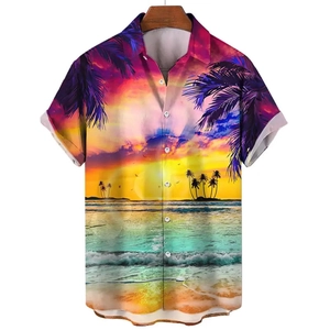 Close-up of men's short sleeve shirt featuring a tropical sunset beach landscape print