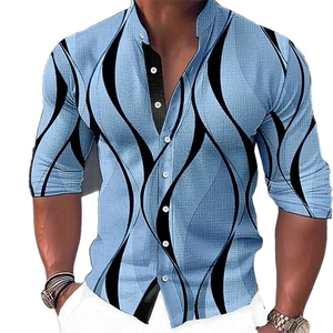 Camicia retrò da uomo celeste con motivo a onde nere e colletto alla coreana