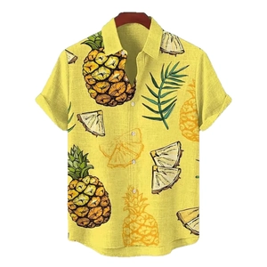 Chemise hawaïenne jaune à manches courtes avec imprimé ananas et texture en lin