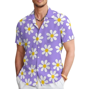 Close-up of the light purple men's beach shirt featuring large white daisy prints and lapel