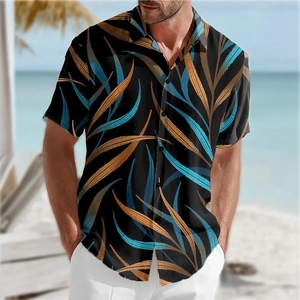 Detail of tropical leaf print and button-down collar on men's short sleeve beach shirt