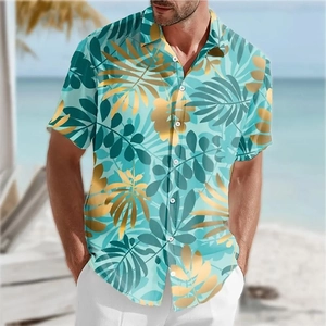 Men's Tropical Print Short Sleeve Shirt Polyester Slim Fit Beach Holiday Button Down Casual Floral Graphic Lapel Shirt