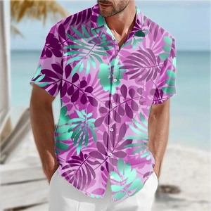 Men's slim fit short sleeve beach shirt featuring purple and teal tropical palm prints