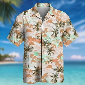 Detailed close-up of the palm tree and coastline print on a slim fit beach shirt
