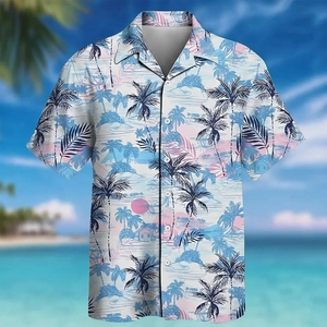 Detail of tropical palm trees and beach hut print on short sleeve Hawaiian shirt