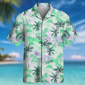 Detailed close-up of white Hawaiian shirt with green palm trees and purple landscape prints