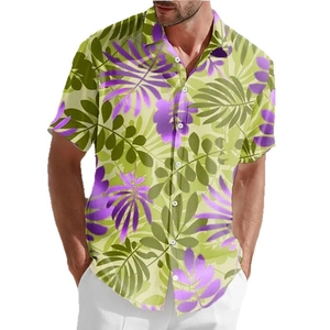 Men's slim fit short sleeve shirt with tropical palm leaf print in light green and purple