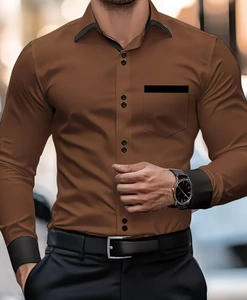 Detail of slim fit business shirt featuring contrast collar and pocket stitching