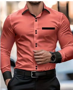 Detail of coral orange slim fit shirt with black contrast trim on collar and pocket
