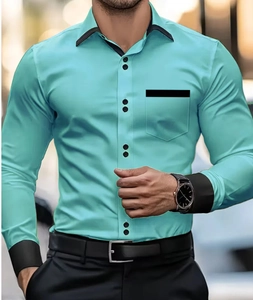 Detail view of turquoise business shirt with black contrast collar and dual buttons