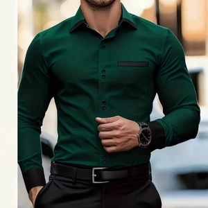 Men's slim-fit long-sleeve business shirt in dark green with black contrast details