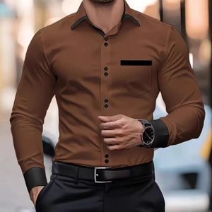 Men's business casual long-sleeved shirt in brown with black contrast collar and cuffs