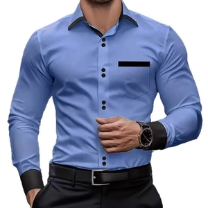 Men's slim fit long sleeve business casual shirt in sky blue with black contrast collar