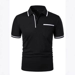 Men's black short-sleeve polo shirt with white contrast trim and chest pocket detail