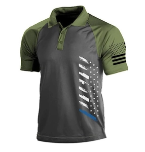 Detail of men's polo shirt featuring tactical camo print and American flag pattern