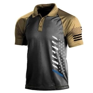 Detail of a tactical men's polo shirt with grey khaki splicing and American flag print