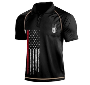 Detail of We The People text and flag on the thin red line patriotic men's polo shirt