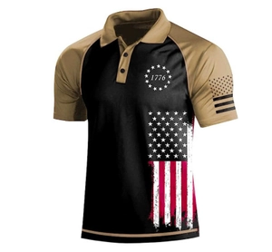 Close-up of 1776 star motif and flag detail on men's camouflage polo shirt